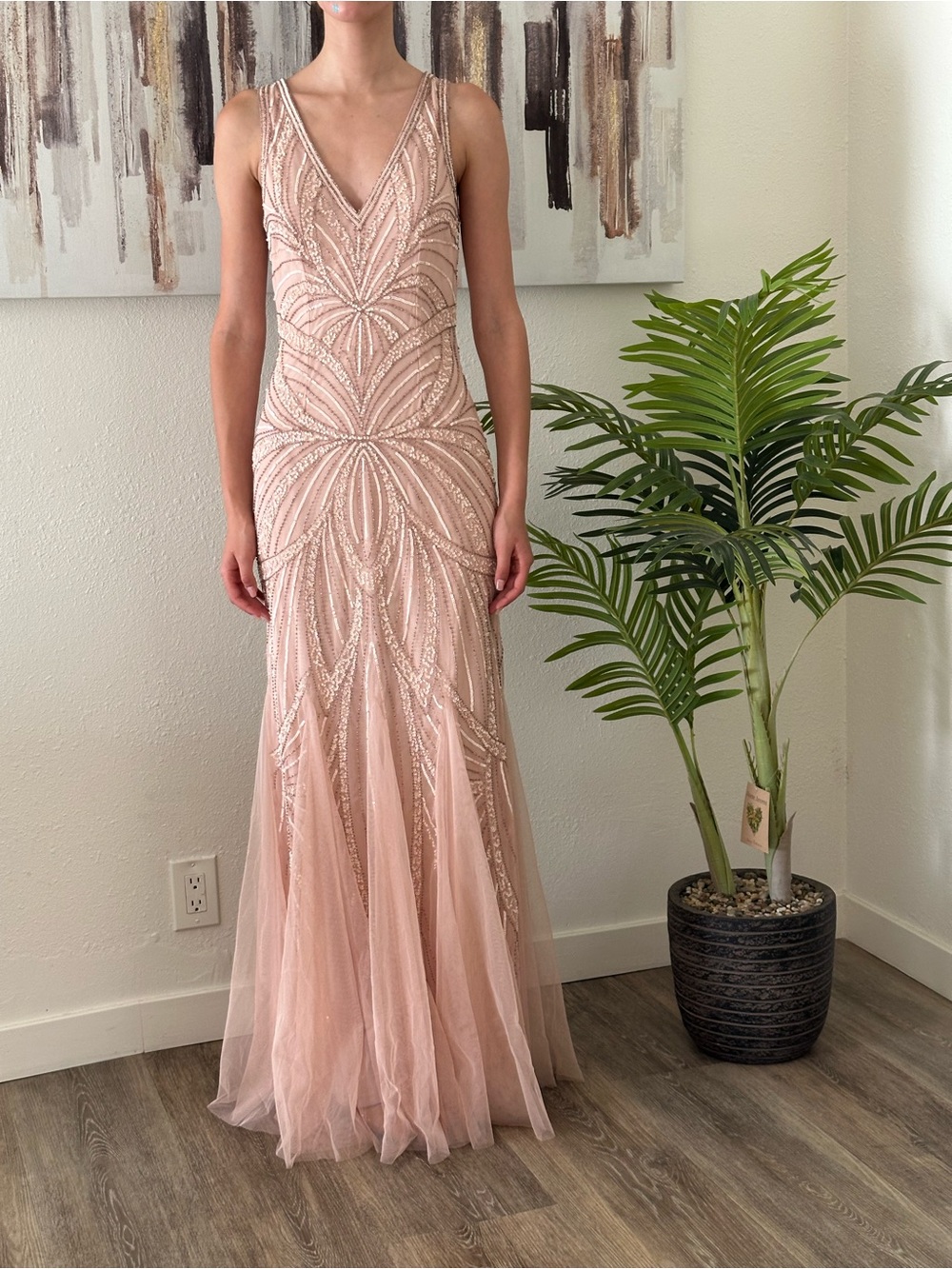 Prom Dress Blush Beaded V-Neck Evening Gown